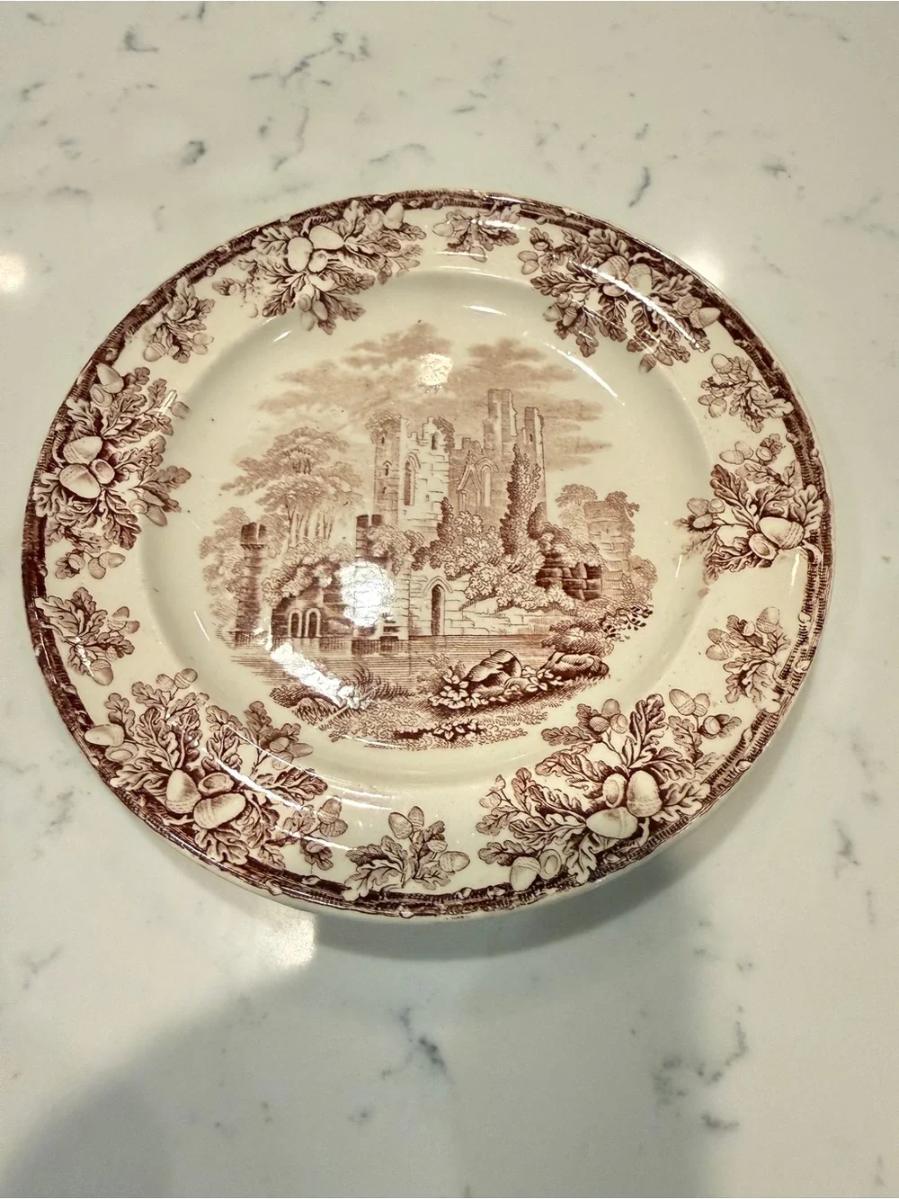 W.T. Copeland Brown Transferware Salad Plate Castle Ruins Oak Acorn Border